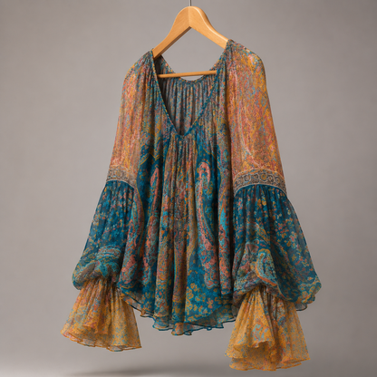 Draped Satin V-Neck Blouse - Cobalt Blue